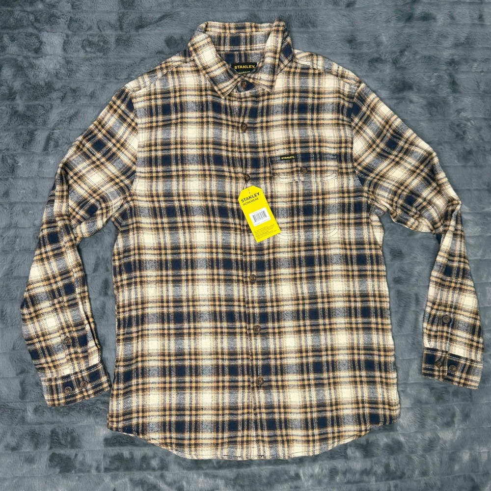 Stanley Workwear Mens Flannel Shirt Medium Brick Navy Plaid Button Down